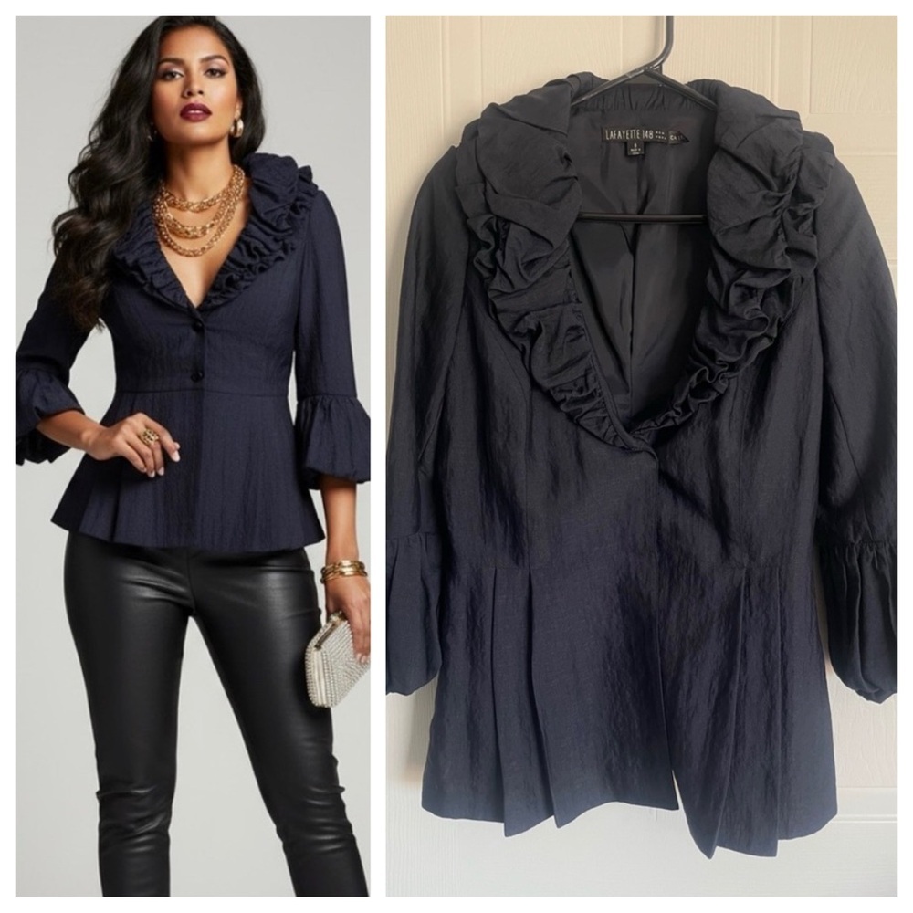 Quiet Luxury Silk Blend Jacket Ruched Ruffle Collar Peplum